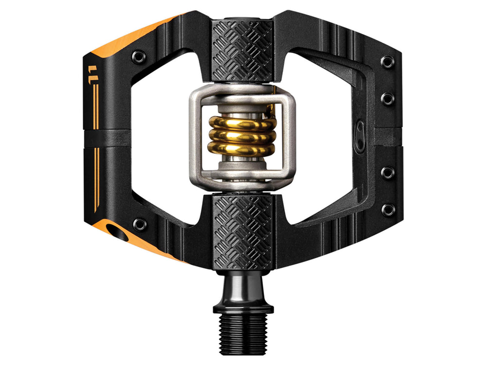 Crankbrothers Mallet E 11 pedaler i sort og sølv, designet til MTB-cykling med en robust og letvægts konstruktion.
