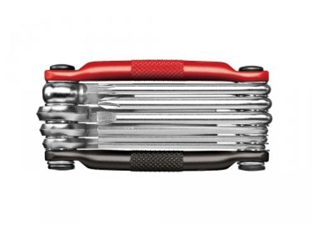 Billede af Crankbrothers M10 multiværktøj, der viser dets kompakte design og forskellige funktioner til cykelreparation.