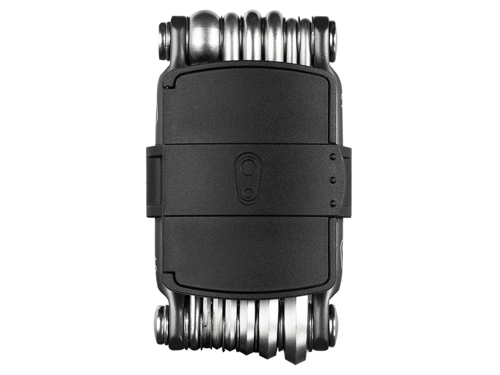 Crankbrothers M13 multi-tool i sort, med forskellige værktøjer til cykelreparation og vedligeholdelse, præsenteret på en hvid baggrund.