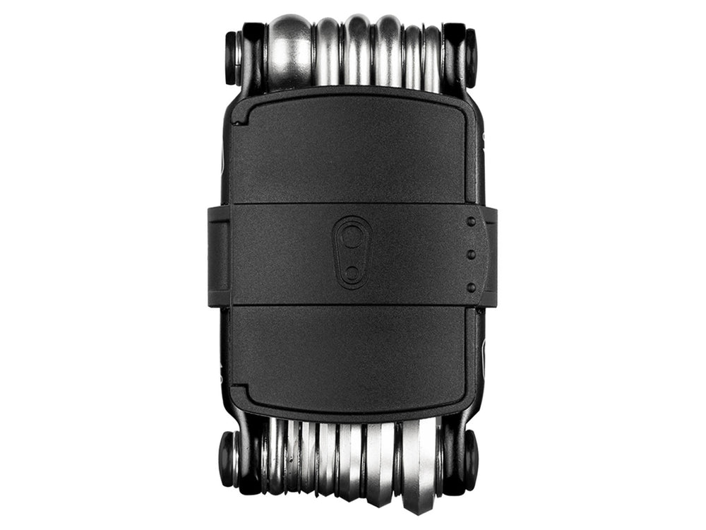 Crankbrothers M13 multitool med forskellige værktøjer til cykelreparation, placeret på en hvid baggrund.