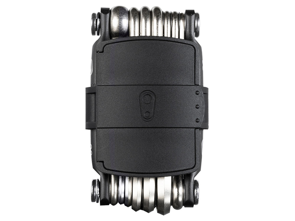 Crankbrothers M20 multiværktøj med 20 funktioner, designet til cyklister. Værktøjet har en kompakt størrelse og inkluderer forskellige stikkers og skruetrækkere til reparationer på farten.