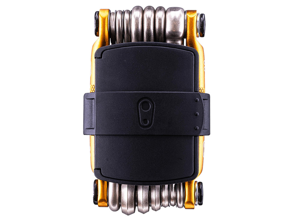 Multitool Crankbrothers M20 med 20 funktioner, der inkluderer forskellige nøgler og skruetrækkere, perfekt til cykelreparationer på farten.