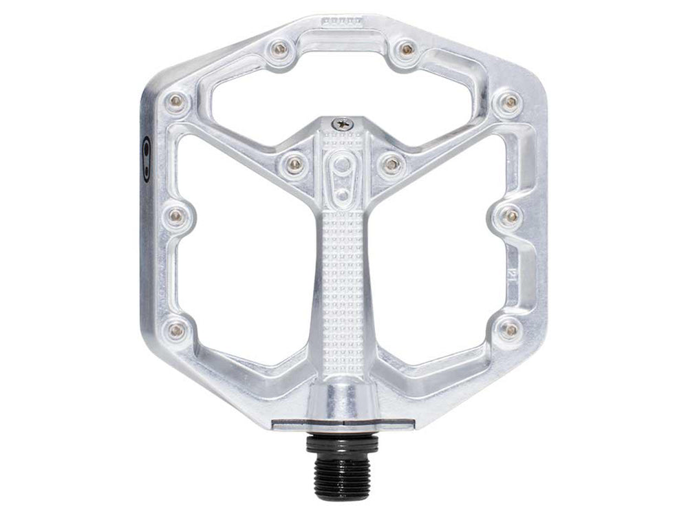 Crankbrothers Stamp 7 Small pedal i sort, designet til cykling med en flad overflade og skridsikre takker for bedre greb.