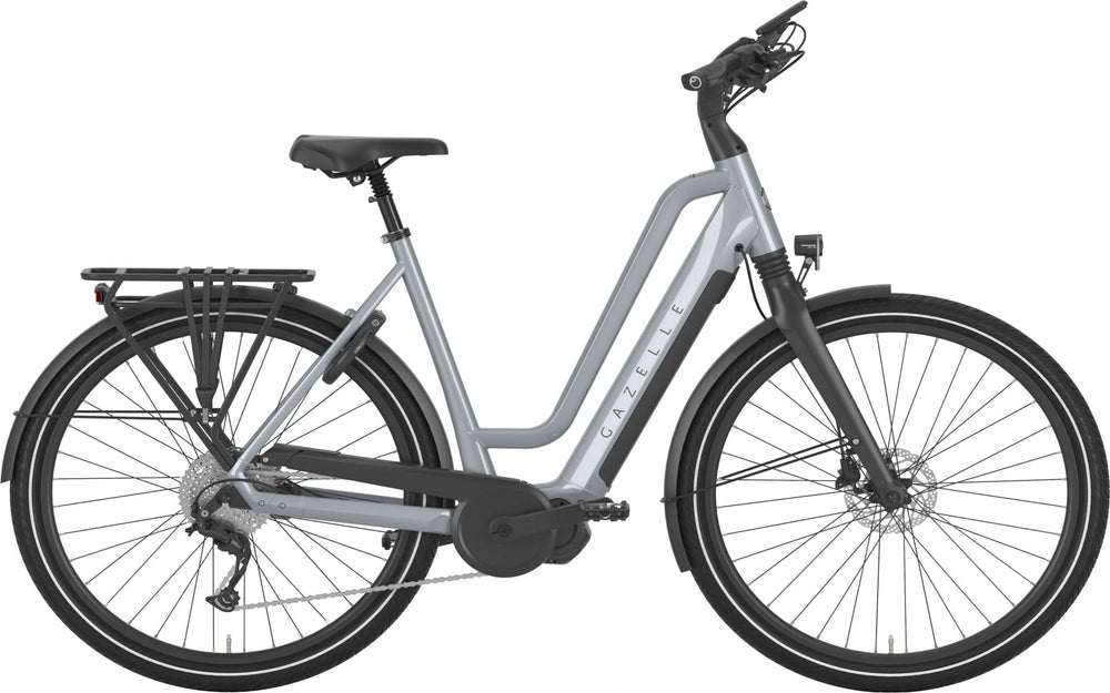 Gazelle Chamonix T10 HMS i farven Brewster Grey, en moderne og stilfuld elcykel med komfortable funktioner til daglig brug.