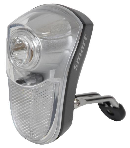 Forlygte SMART 0,5W i sort med mulighed for blinkende eller konstant lys, ideel til cykling og udendørs aktiviteter.