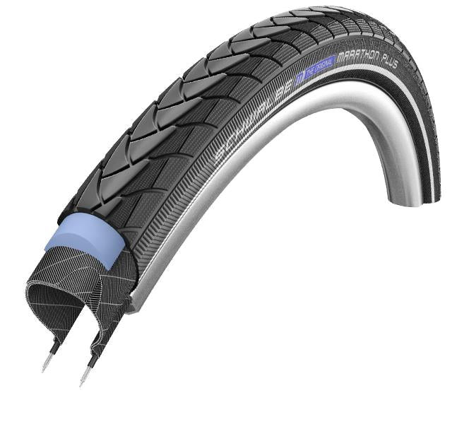 Billede af Schwalbe Marathon+ SmartGuard cykeldæk i størrelsen 47-406 / 20x1,75, der tilbyder høj sikkerhed og punkteringsbeskyttelse.