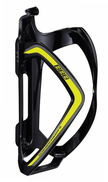 Flaskeholder BBB FlexCage i sort og gul, designet til at holde drikkeflasker sikkert under cykelture.