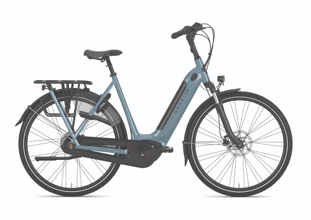 Gazelle Grenoble C7+ HMB cykel i farven Thunder Grey, set fra siden med en elegant ramme og komfortable detaljer.