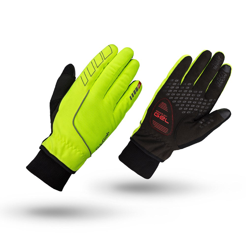 GripGrab Windster Hi-Vis vindtæt vinterhandske i neongul farve, designet til at beskytte hænderne mod kulde og vind under cykling.