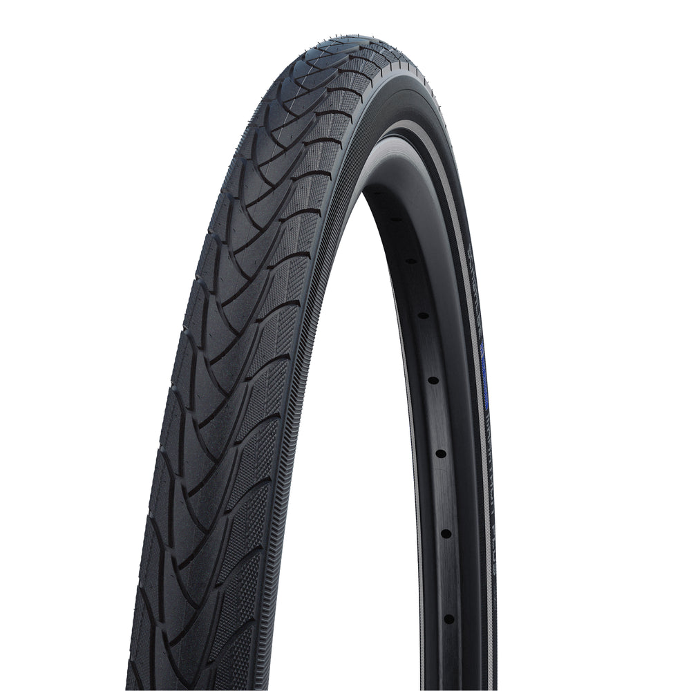 Dæk 700x45C Schwalbe Marathon Plus med refleks. 28x1,75" (47-622). Godkendt til elcykler (E-25). 5 mm recycled SmartGuard & Anti Aging karkasse.