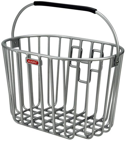 Kurv KlickFix Alumino i sølv aluminium, designet til montering på cykler, med robust konstruktion og praktisk håndtag til nem transport.