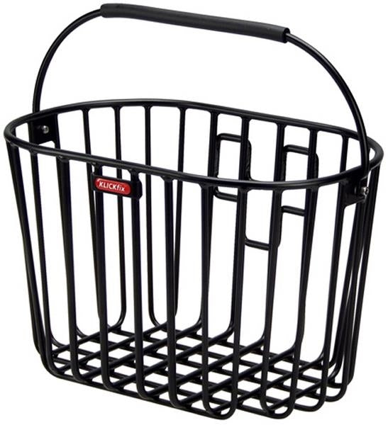 Sort KlickFix Alumino kurv i aluminium til cykler, monteret på en cykelstang, ideel til transport af varer og personlig ejendom.