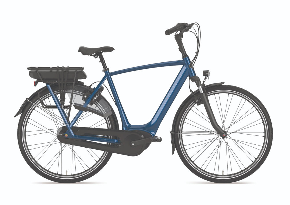 Gazelle Orange C7+ HMB cykel i farven Mallard Blue, set fra siden, med fokus på stel, dæk og sadel.