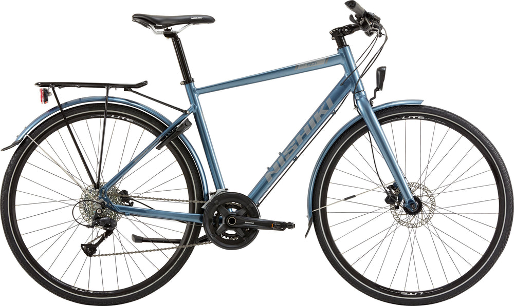 Nishiki City 501 Herre Blå cykel med slankt design, blå ramme og sorte hjul, perfekt til bykørsel.