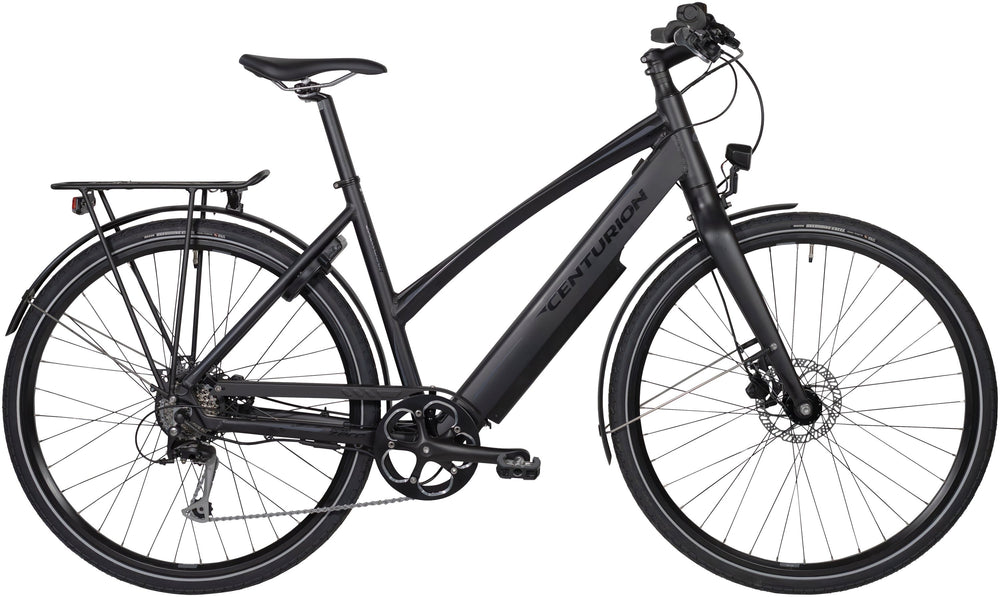 Sort elcykel til damer, Centurion Zero E, med slankt design og komfortabelt sæde, perfekt til bykørsel.