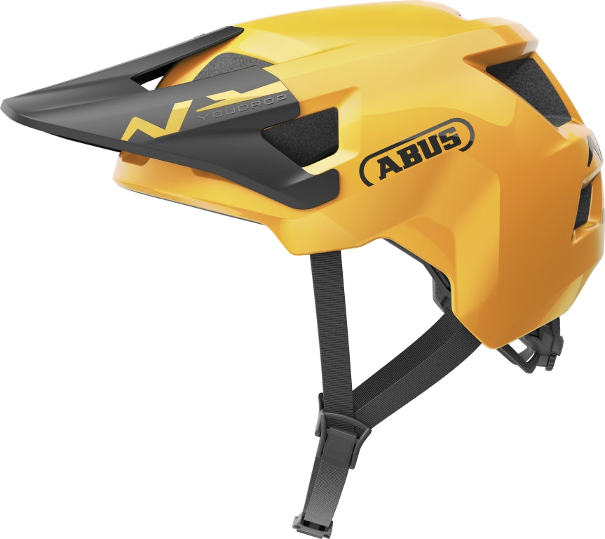 En gul cykelhjelm med sort logo, produktnavn: hjelm-youdrop-icon-yellow.