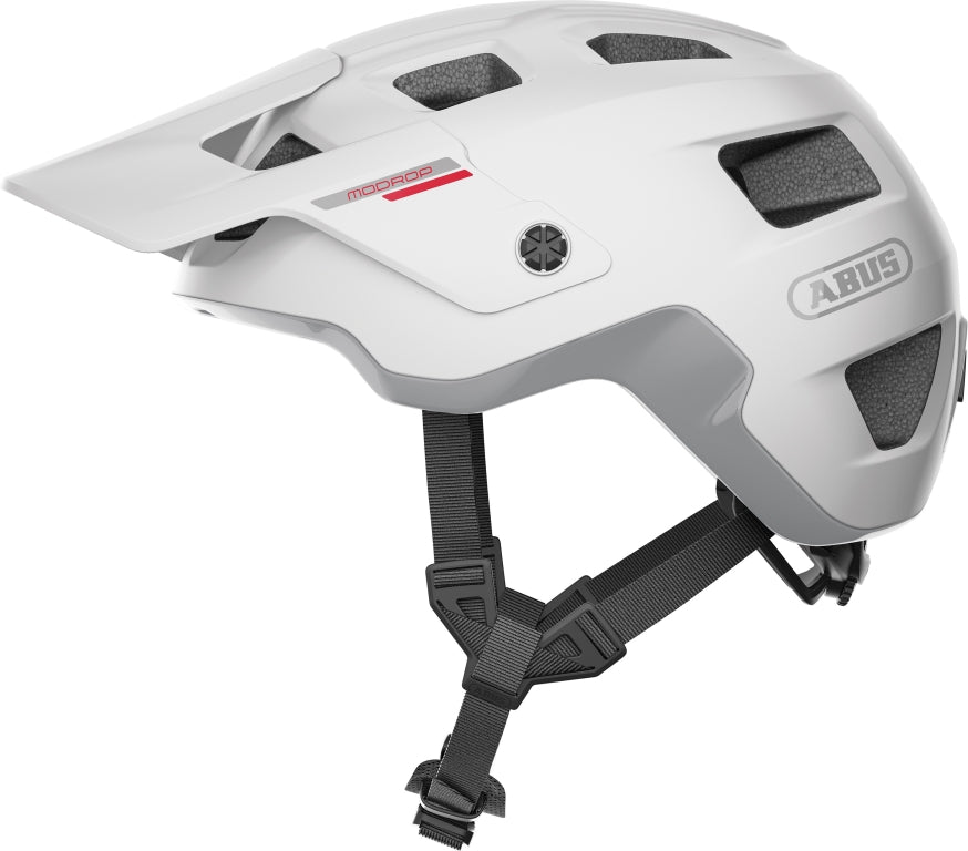 Cykelhjelm Abus Modrop Polar White: En hvid cykelhjelm med moderne design og ventilation, perfekt til sikker cykling.