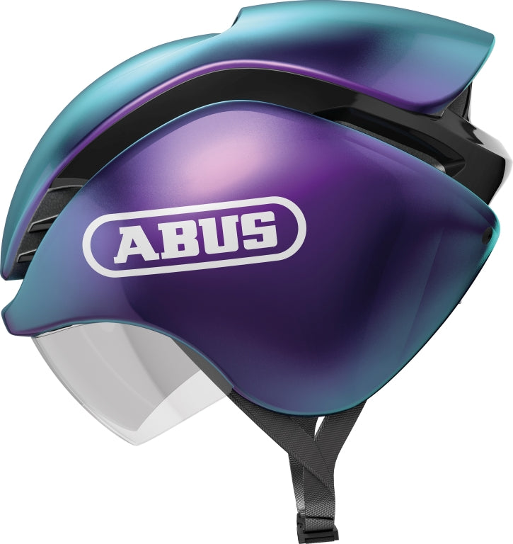 Cykelhjelm Abus GameChanger TRI Shiny Flip Flop Purple: En skinnende lilla cykelhjelm med aerodynamisk design.