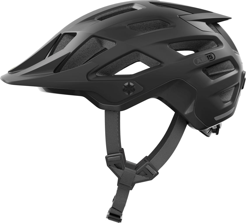 Sort cykelhjelm Abus Moventor 2.0 med mat finish, ventilationshuller og justerbar rem.