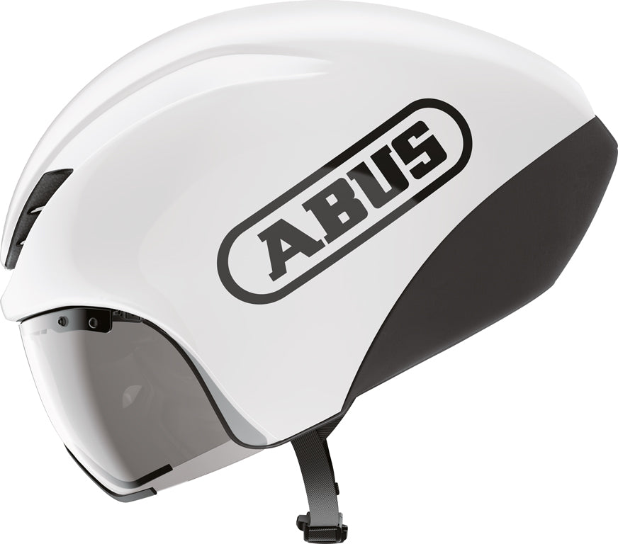 Hjelm Gamechanger TT 1.1 Shiny White: En skinnende hvid cykelhjelm med aerodynamisk design og ventilationsåbninger.