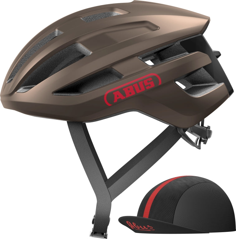 Cykelhjelm Abus PowerDome Ace Metallic Copper på en hvid baggrund, viser hjelmens aerodynamiske design og kobberfarve.