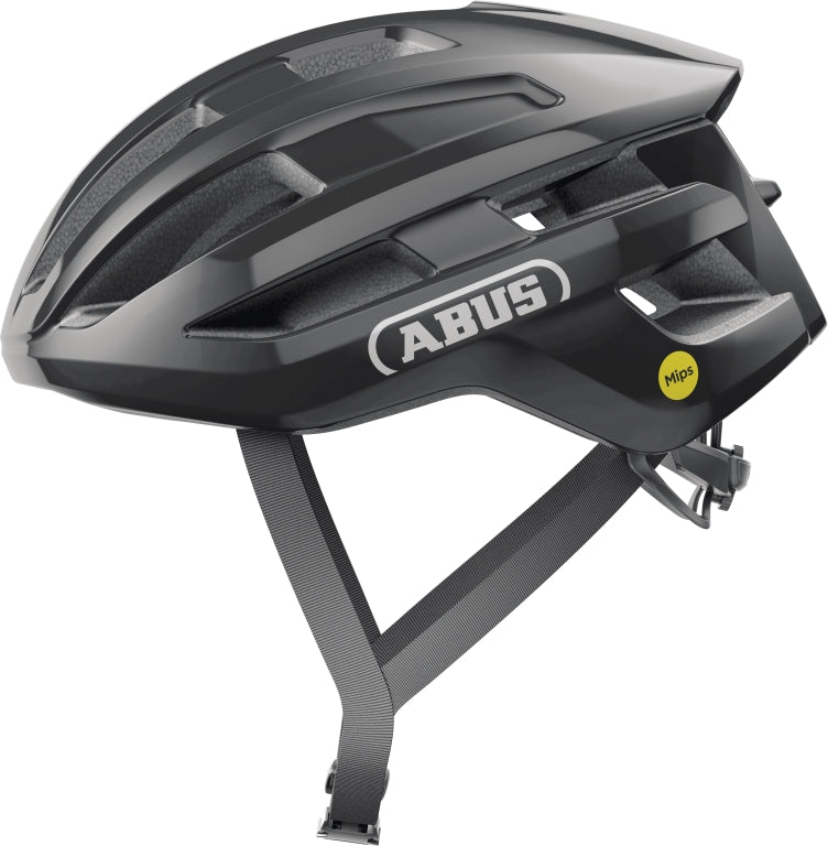 Cykelhjelm Abus PowerDome MIPS Shiny Black: Sort cykelhjelm med glat overflade og MIPS-teknologi til sikker cykling.