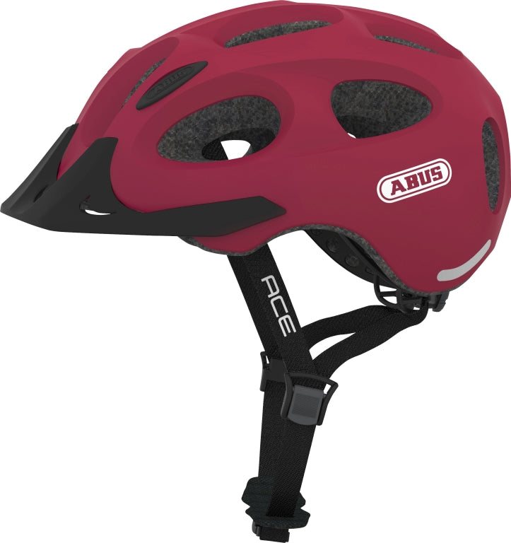 Cykelhjelm Abus Youn-I Ace MIPS Cherry Red: En rød cykelhjelm med moderne design og MIPS-teknologi til ekstra sikkerhed.