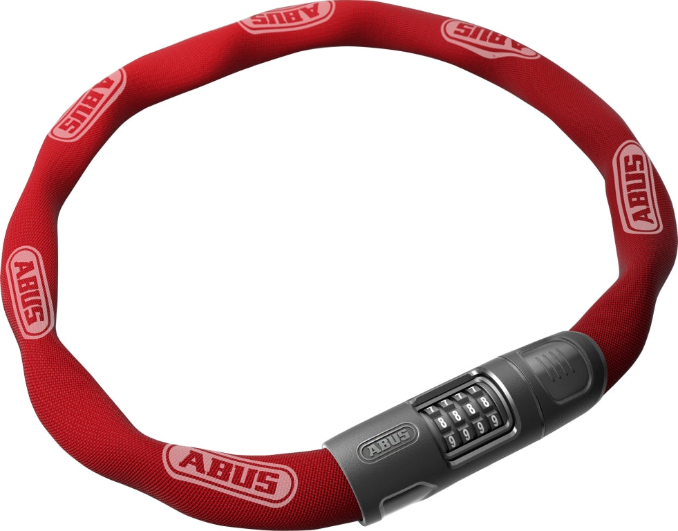 Rød Abus kædelås 8808 Combo 85cm med kombinationslås, robust design og sikkerhed til cykler.