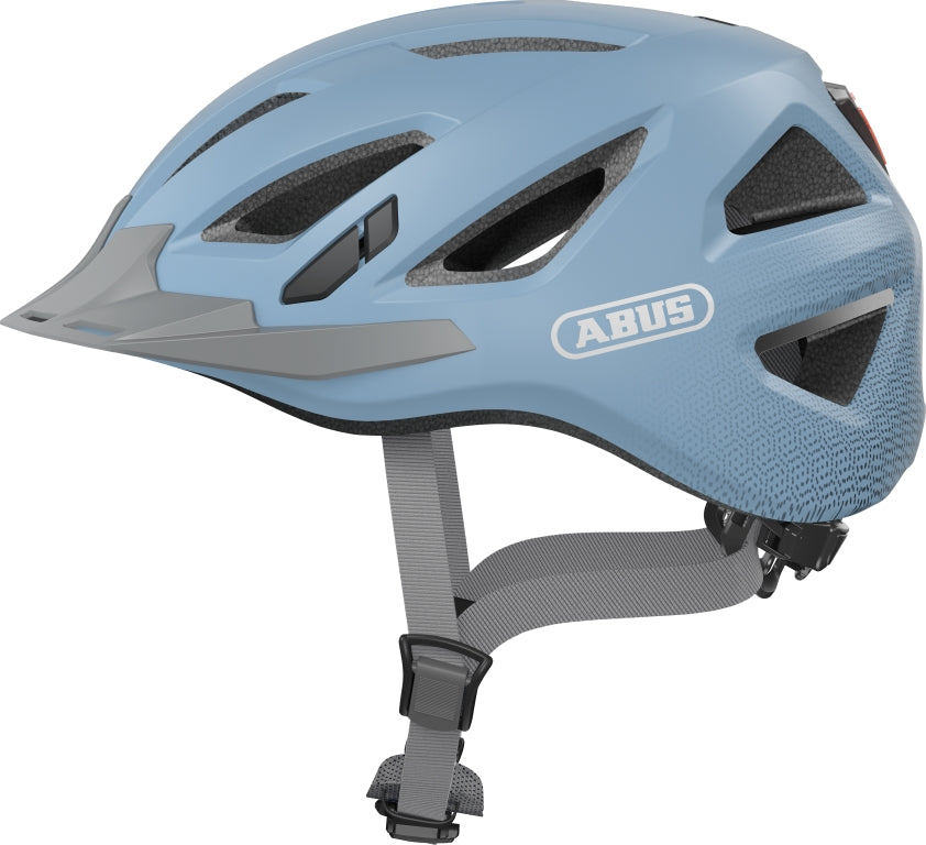 Cykelhjelm Abus Urban-I 3.0 Glacier Blue, en moderne blå cykelhjelm med ventilation og justerbar pasform.