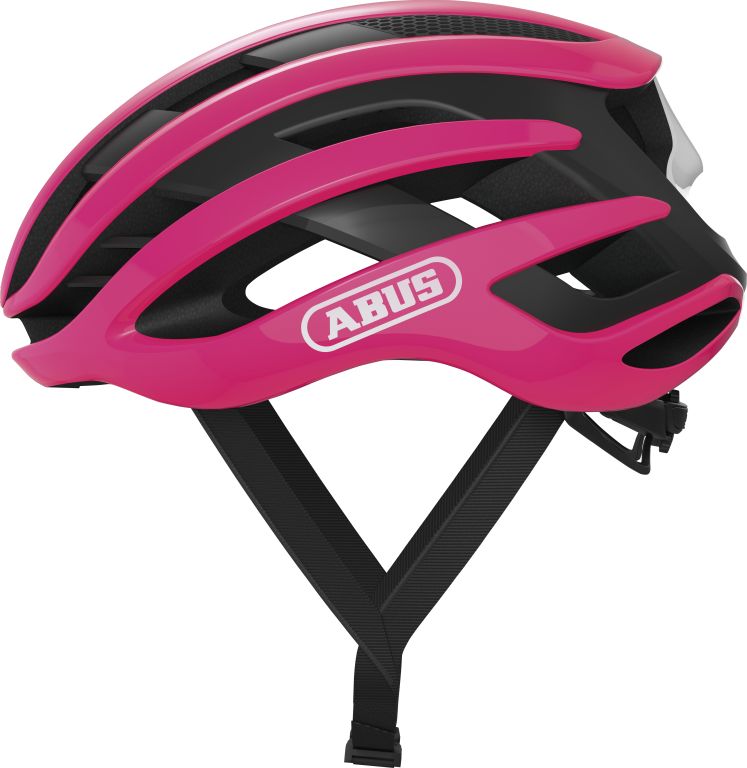 Cykelhjelm Abus Airbreaker i fuchsia pink, set fra siden med aerodynamisk design og ventilationsåbninger.