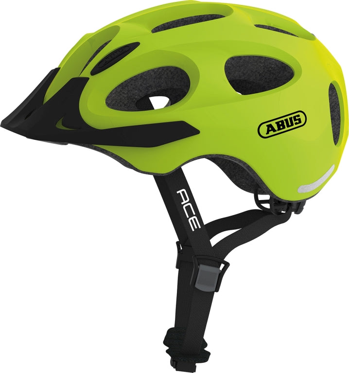 Cykelhjelm Abus Youn-I Ace i signalgul farve, med moderne design og ventilationshuller, set fra siden.