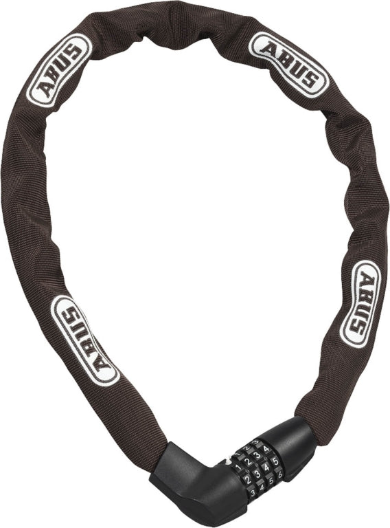 Brun Abus kædelås 1385 Tresor med kode, lås i robust design på en cykelstativ.