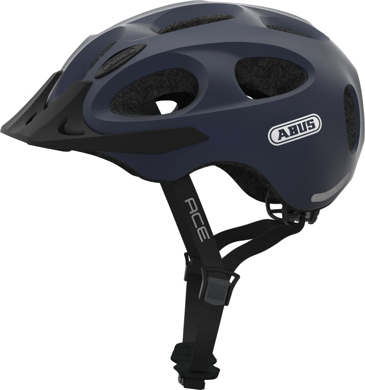 Cykelhjelm Abus Youn-I Ace i metallic blå farve, stilfuld og moderne design, perfekt til cyklister.