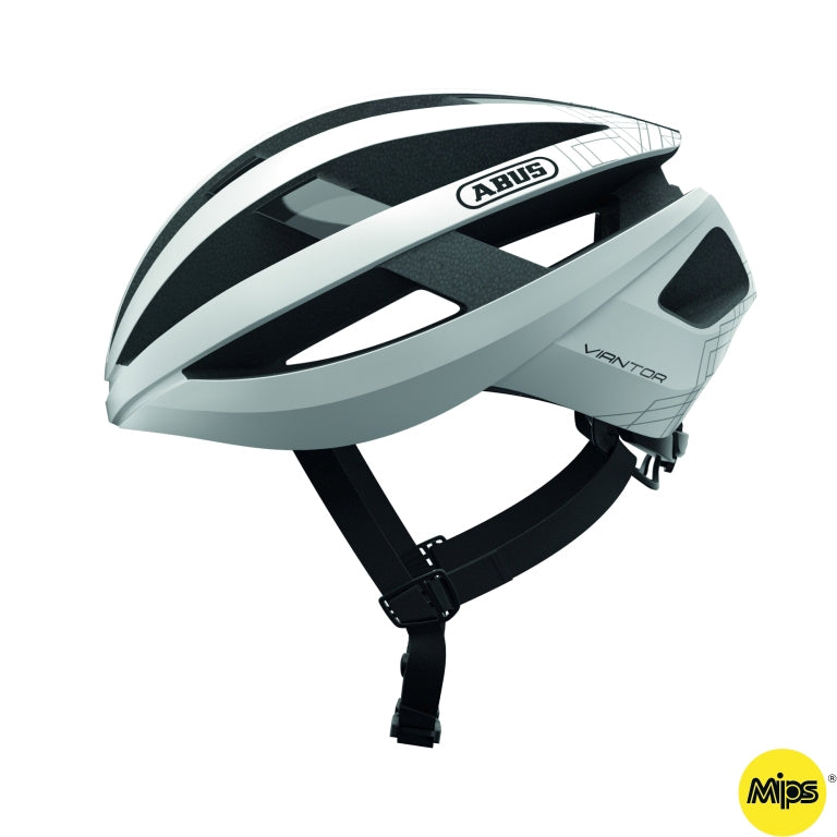 Cykelhjelm Abus Viantor MIPS Polar White på en hvid baggrund, viser hjelmens design og farve.