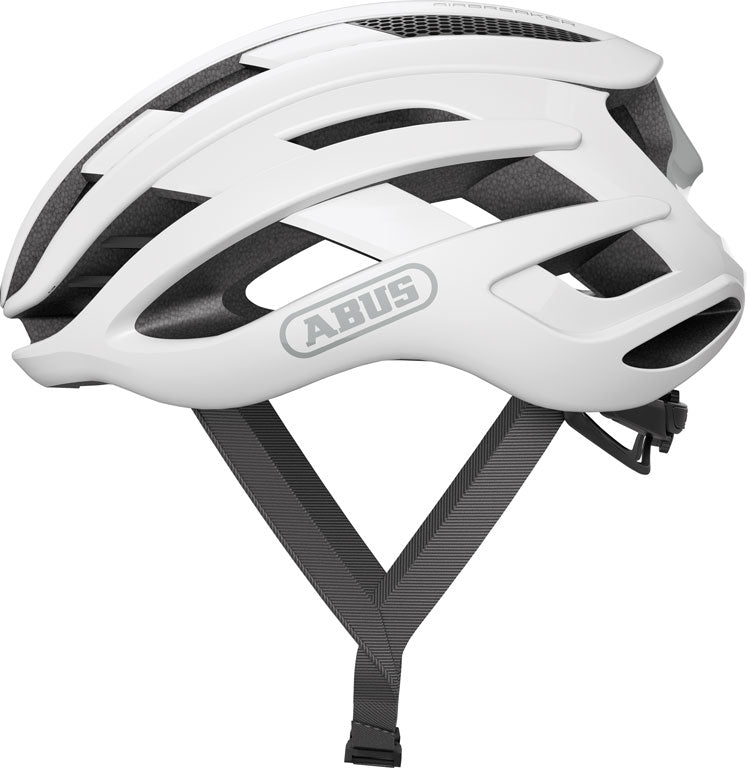 Abus Airbreaker Polar White Matt cykelhjelm i hvid med mat finish, aerodynamisk design og ventilationsåbninger.