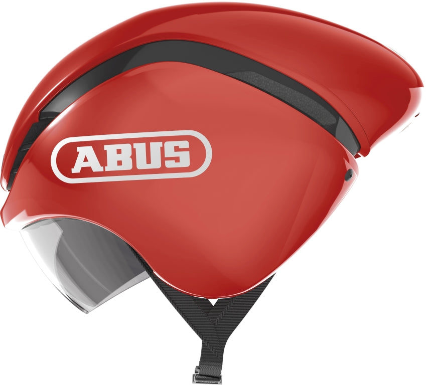 Cykelhjelm Abus GameChanger TT Blaze Red: En rød, aerodynamisk cykelhjelm med glat overflade og ventilationsåbninger.