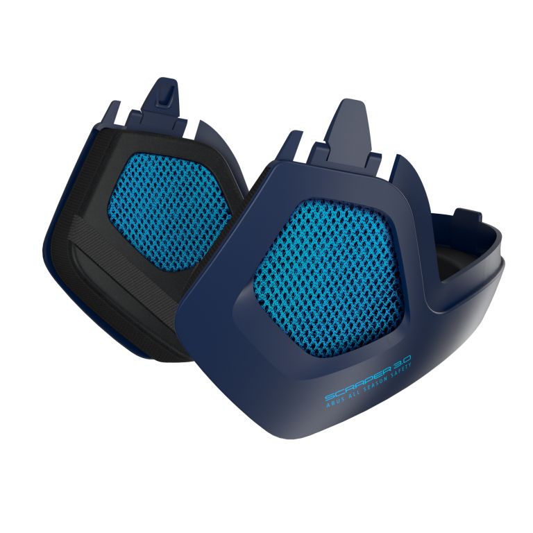 Vinterkit ørevarmere til Abus Scraper 3.0 Ultra Blue, blå ørevarmere til cykelhjelm på hvid baggrund.