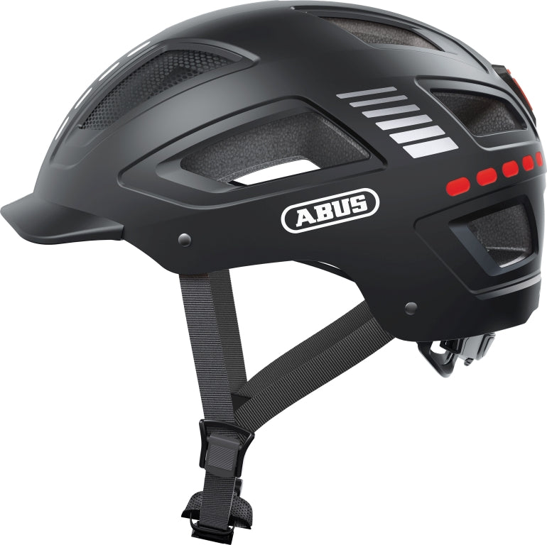 Cykelhjelm Abus Hyban 2.0 LED Signal Black - Sort cykelhjelm med LED-lys, ventilationshuller og justerbar pasform.