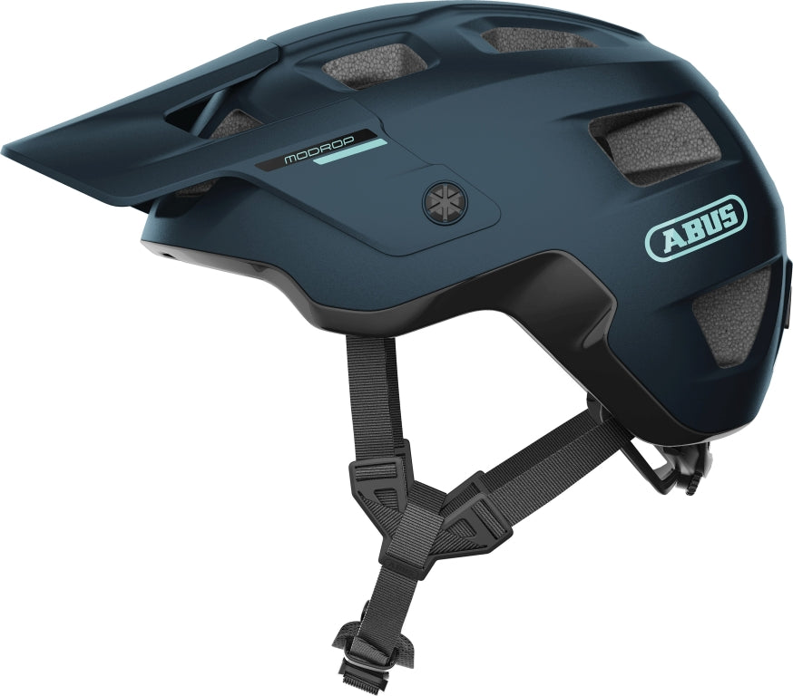 Cykelhjelm Abus Modrop i midnatsblå farve, set fra siden med justerbar rem og ventilationshuller.