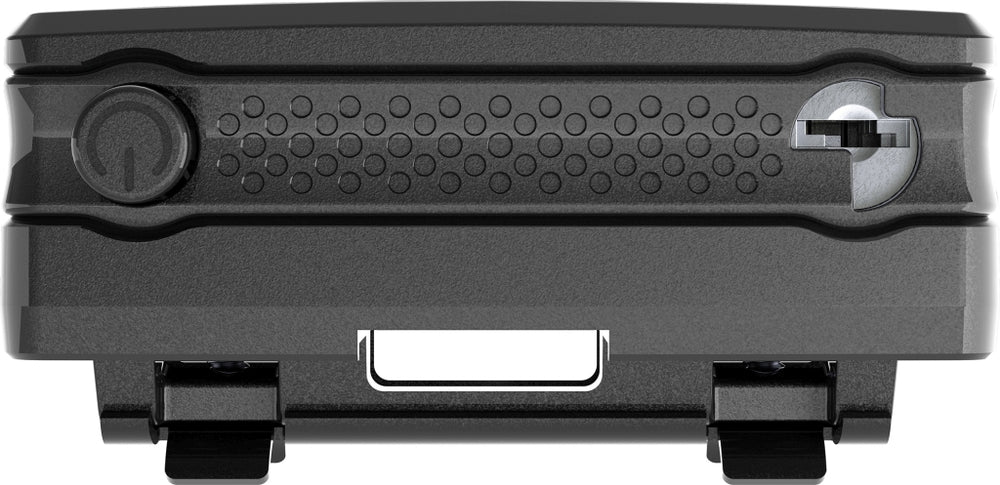 Alarmbox 2.0 monteret på en cykelramme, sort og kompakt design, produktnavn: Alarmbox 2.0.