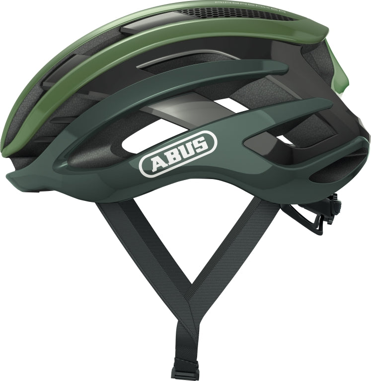 Cykelhjelm Abus Airbreaker i opalgrøn farve, set fra siden med aerodynamisk design og ventilationshuller.