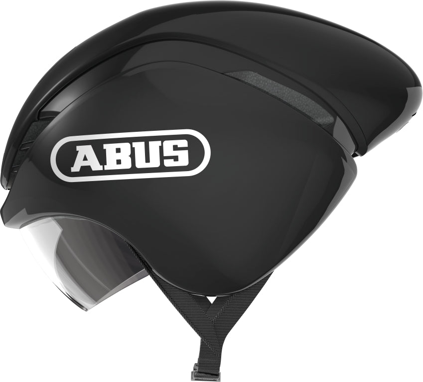 Sort cykelhjelm Abus GameChanger TT med aerodynamisk design og skinnende finish, set fra siden.