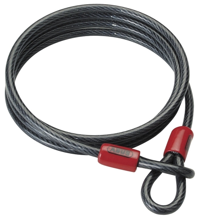 Abus Wire Cobra 8 mm cykellås med sort kabel og sølvfarvede ender, liggende på en hvid baggrund.