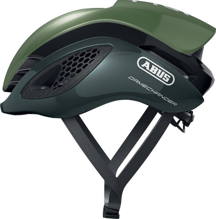 Cykelhjelm Abus GameChanger i opalgrøn farve, aerodynamisk design med ventilationsåbninger, set fra siden.