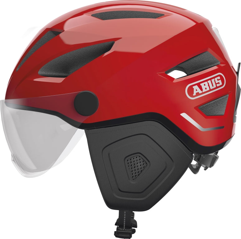 Cykelhjelm Abus Pedelec 2.0 ACE Blaze Red: Rød cykelhjelm med moderne design og visir, perfekt til bykørsel.