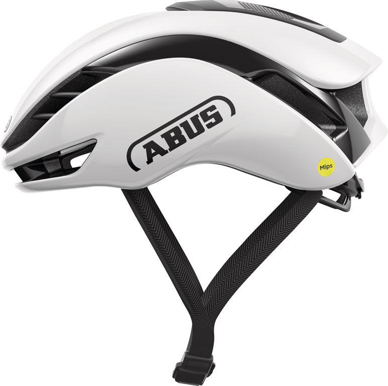 Hvid Abus GameChanger 2.0 MIPS cykelhjelm med aerodynamisk design og ventilationsåbninger.