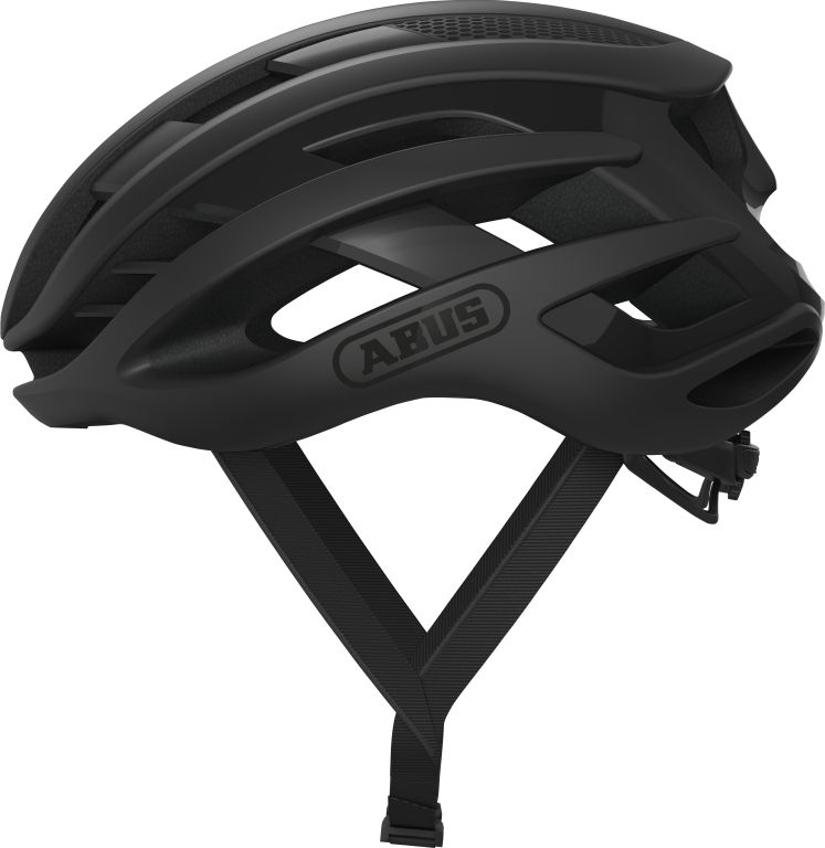 Cykelhjelm Abus Airbreaker i fløjlsort, set fra siden med aerodynamisk design og ventilationsåbninger.