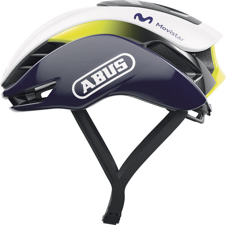Produktbillede af Abus GameChanger 2.0 Movistar Team cykelhjelm i blå og grønne nuancer.
