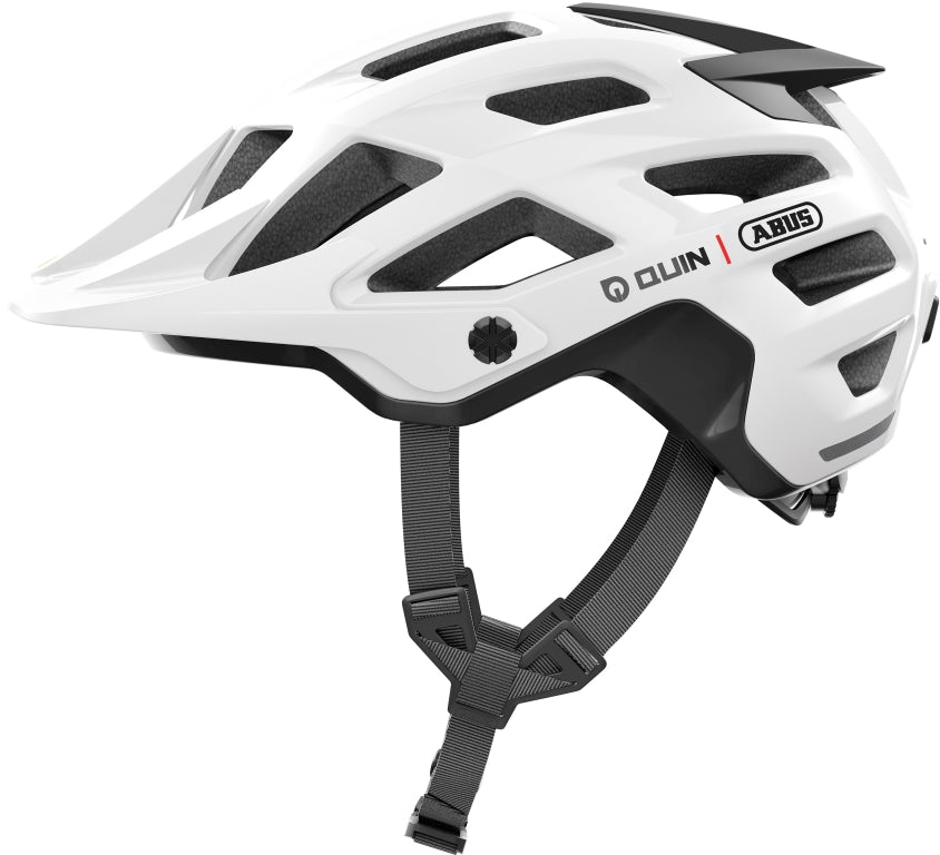 Cykelhjelm Abus Moventor 2.0 Quin Shiny White på en cykelhjelm i skinnende hvid med moderne design og ventilationshuller.