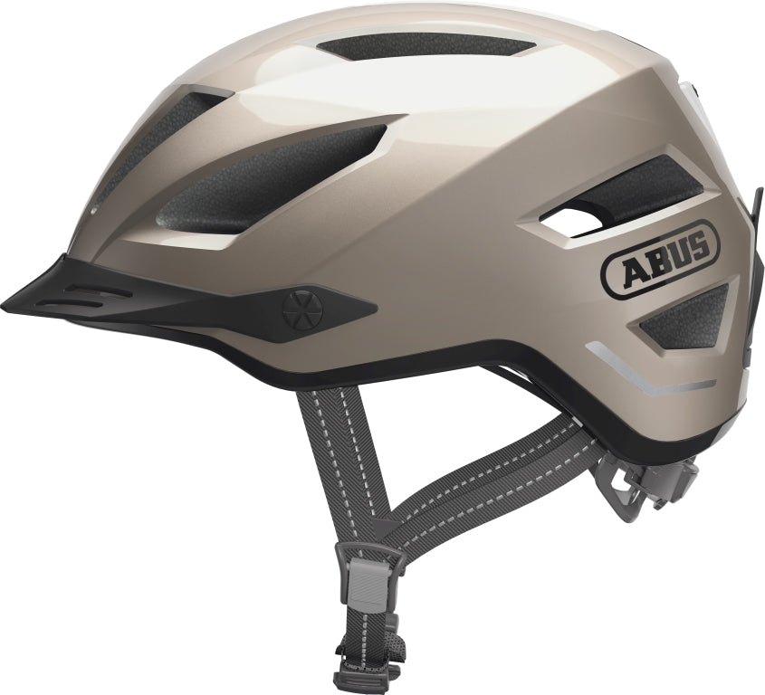 Cykelhjelm Abus Pedelec 2.0 i champagne guld, elegant design med ventilation og justerbar pasform.